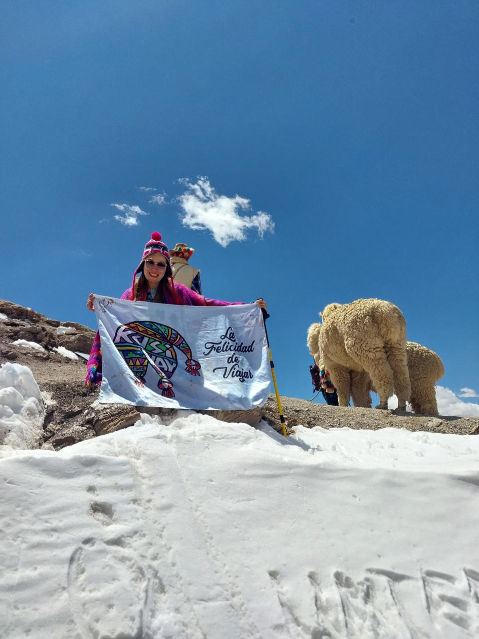 Viajera de Kusiyay con alpacas bajo el cielo azul de los Andes
